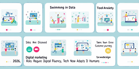 Series of illustrated phone screens depicting data teams and digital concepts © Bijoy