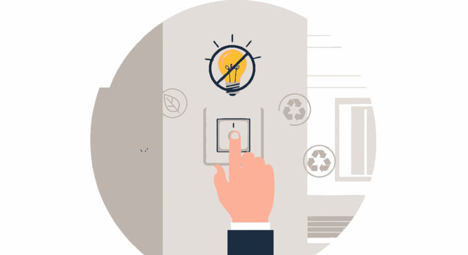 Hand turning off light switch flat vector illustration energy saving and eco friendly electricity conservation concept