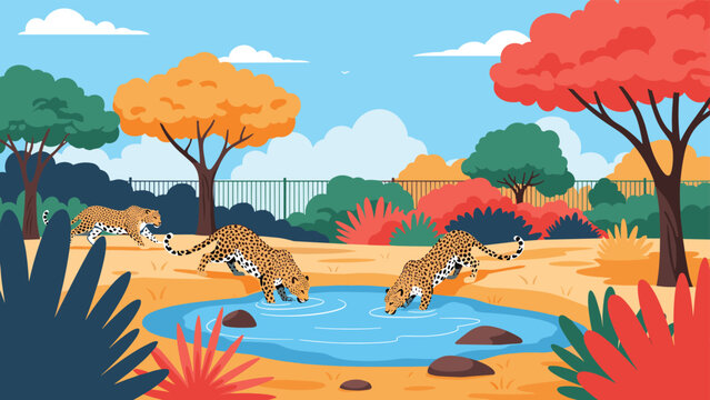 Three leopards visit a small blue waterhole in a colorful park with autumn trees and a distant mountain skyline under a blue sky with white clouds.