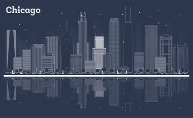 Obraz premium Outline Chicago Illinois City Skyline with White Buildings and reflections. Illustration. Business Travel and Tourism Concept with Historic Architecture. Chicago Cityscape with Landmarks.