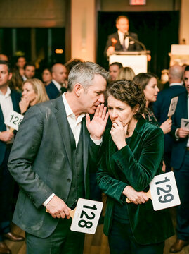 Couple whispers intently, strategizing during an exciting live auction event.