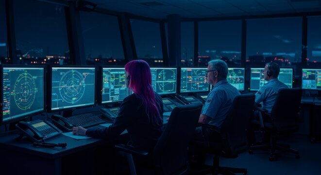 Air traffic controllers monitoring displays in a control tower at night