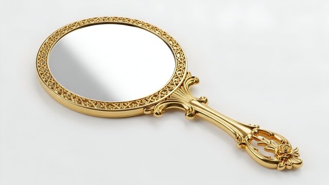 A gold-trimmed handheld mirror with an ornate handle represents classic vanity on a surface.