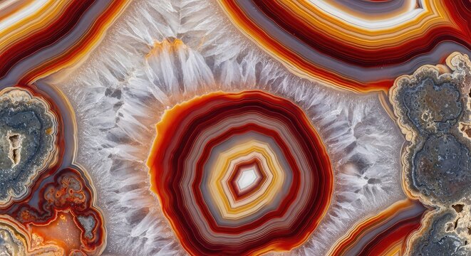 Extreme macro shot of a polished agate showing intricate circular patterns, translucent crystalline layers, and rich earthy color tones, earth, sediment, unique