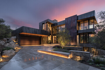 Fototapeta premium Modern luxury house exterior at dusk with illuminated driveway and large windows reflecting warm interior light, surrounded by natural landscaping and rocky terrain