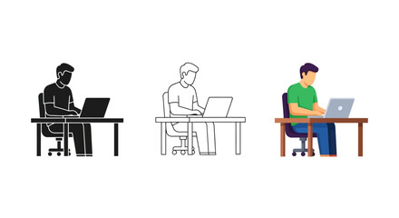 Fototapeta premium Collection of three stylized illustrations depicting a man sitting at a desk working diligently on a modern portable computer laptop in various graphic designs