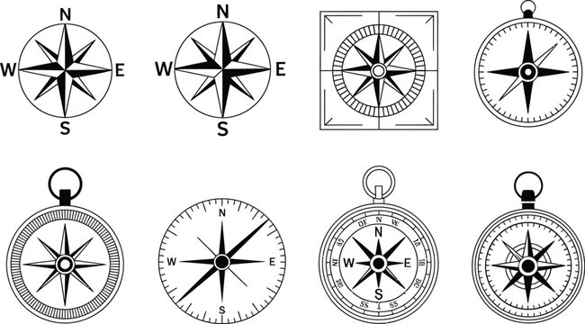 Compass rose icon collection, set of compass and wind rose symbols with cardinal directions for navigation mapping and direction finding tools.