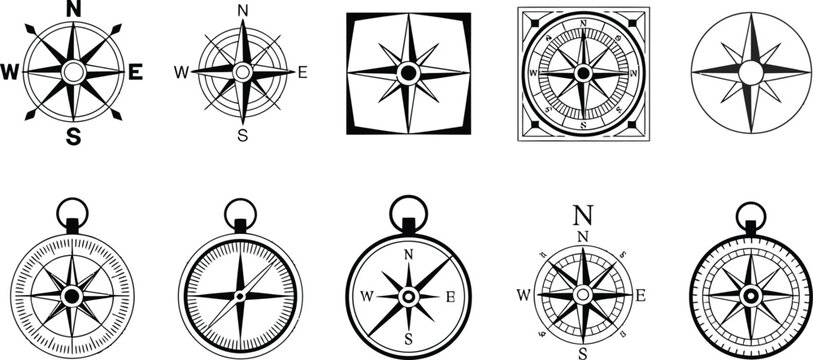 Compass rose icon collection, set of compass and wind rose symbols with cardinal directions for navigation mapping and direction finding tools.