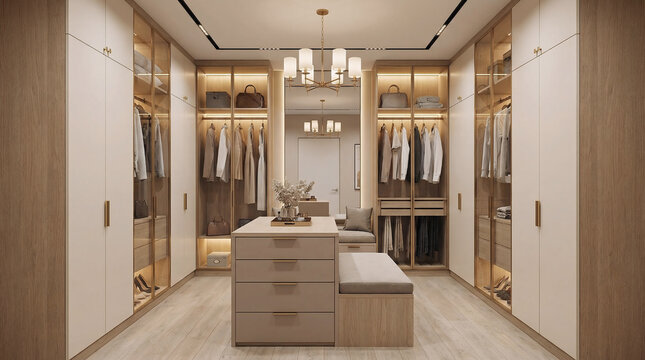 Elegant modern walk-in closet with custom built-in wardrobes, central storage island, and sophisticated lighting, offering luxurious and organized storage