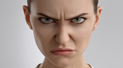Fototapeta premium Close-up portrait of woman with disgusted facial expression, representing negative emotion and reaction.