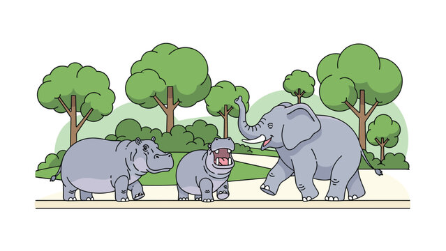 Friendly elephant and two hippos walk along a park path surrounded by green bushes and tall trees on a clear day.