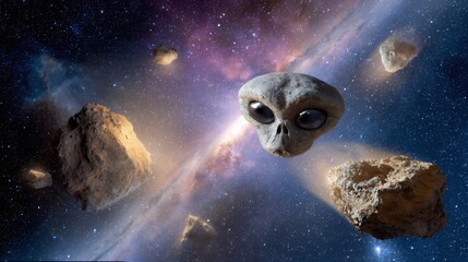Fototapeta premium Alien head floating in vibrant cosmic nebula with asteroids