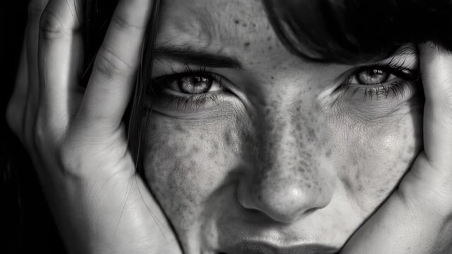 Thoughtful woman expressing stress and awareness in a close-up black and white portrait with a focus on emotional depth and intensity