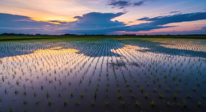 Serene flooded rice fields mirror a dramatic cloudy sky across a vast rural landscape, featuring peaceful farming scenery and natural beauty, overcast, panorama, blue