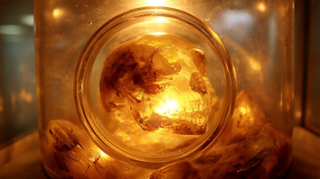 Alien skull specimen encased in a glass jar with warm lighting