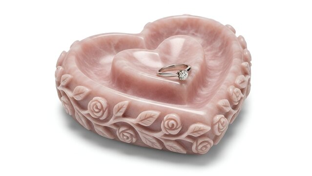 A pink heart shaped object with a diamond ring inside on a decorative plate