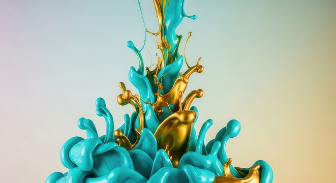 Un'esplosione astratta di vernice liquida turchese e oro si mescola in modo dinamico creando vortici brillanti e spruzzi di colore vivace, spruzzo, acquerello, vernice