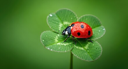 Fototapeta premium Vibrant red ladybug crawling on a rare four-leaf clover leaf, highlighting delicate spots and textures against a lush green background, botanical, lucky, black