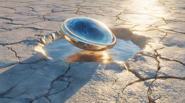 Alien object floating above cracked dry ground with reflection