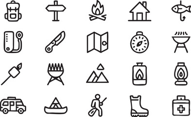 Obraz premium Camping and outdoor icon set with hiking gear tent and adventure symbols for travel design