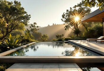 Fototapeta premium Infinity Edge Pool Deck, Unfilled Roman Travertine Masonry, Raw Lime Wash Plaste