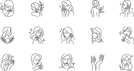 Fototapeta premium Beauty and Skincare Line Icon Set Featuring Female Faces, Self Care Routine, Facial Treatment and Wellness Outline Illustration Vector Collection