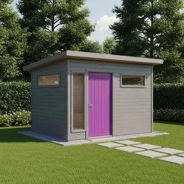 A modern grey garden shed featuring a vibrant purple door and flat roof stands on a green lawn with a square stone path and lush trees, accessory, foliage, outbuilding