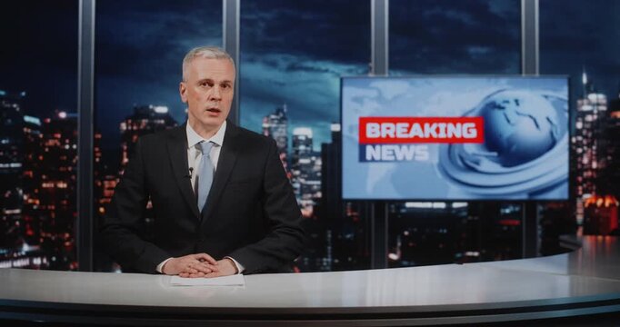 Experienced Male Anchor in Classical Suit Presenting News, Looking at Camera And Talking at Desk With Documents in Studio With Breaking News Display and Urban Night View. Corporate Media Presentation.