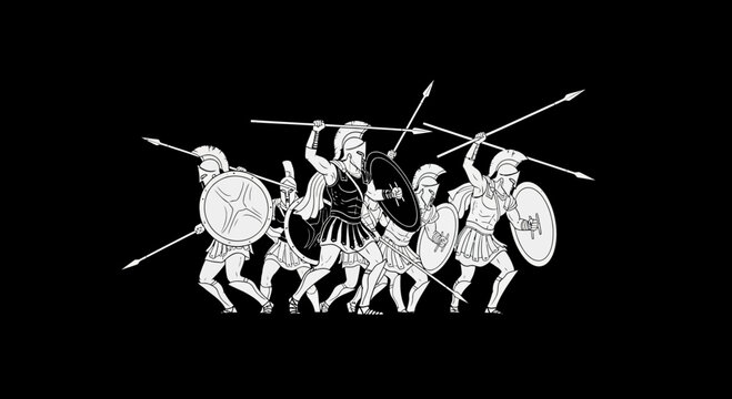Ancient Greek Hoplite Warriors Formation, Spears and Shields, Black Background