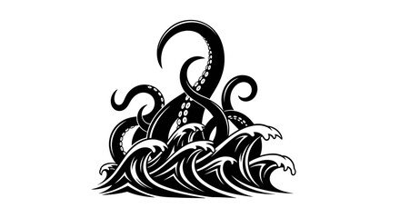 Naklejka premium Black Kraken Tentacles Emerging from Stylized Waves, Nautical Monster Illustration