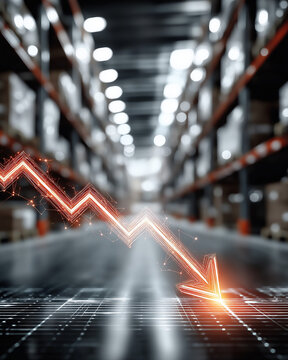Economic Downturn:  A downward trending arrow is superimposed over the image of a warehouse.  It is a visual representation of economic hardship and potential decline in stock levels. 
