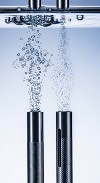 Close-up of metal electrodes in a clear electrolysis cell generating streams of hydrogen and oxygen gas bubbles for green energy research, environment, lab, industrial