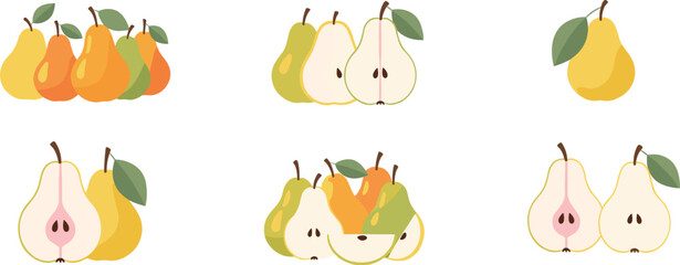 Fototapeta premium Pear vector set with groups of whole and sliced fruits. Fresh organic pears with leaves. Flat illustration for food design, packaging, and healthy lifestyle themes.