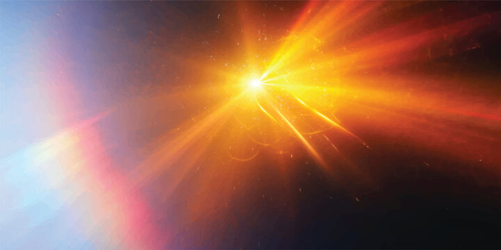 Abstract orange sun rays glow in a bright sky background design with yellow solar energy flares and a glowing red star explosion texture for a shining space wallpaper art illustration