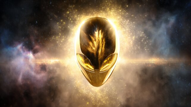 Golden Alien Head Glowing in Cosmic Nebula