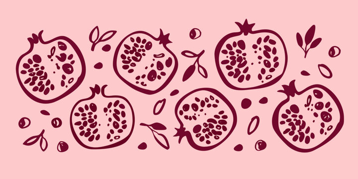 Stylized illustration of pomegranates and seeds on a light pink background
