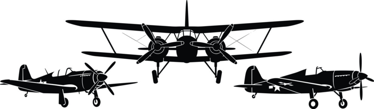 Vintage airplane silhouette set, military aircraft vector, propeller planes collection, aviation transport design, retro war planes, classic flight illustration icons