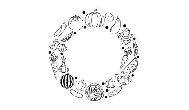Minimal vegetable doodle wreath organic menu food circle vector design illustration