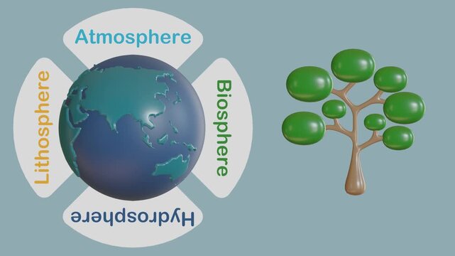 Earth's Systems 3d animation, Earth&rsquo;s subsystems are the biosphere, hydrosphere, atmosphere, and lithosphere in 3d concept.
