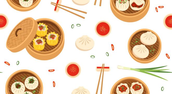 Seamless Flat Vector Pattern of Chinese Dim Sum with Siomay, Steamed Buns, Bamboo Steamers, and Chili Sauce for Asian Culinary Branding and Restaurant Decor