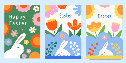 Colorful easter banners with rabbits flowers and festive greetings © RanjanKumar