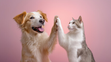 Dog and cat giving high five on pastel background, symbolizing friendship, teamwork and playful companionship.