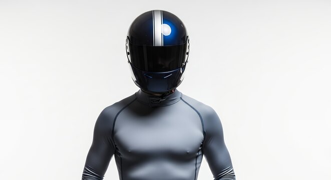 Person in racing helmet isolated on white background for design and marketing