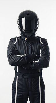 Person in racing suit and helmet posing on white background