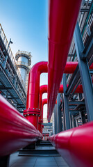Naklejka premium Industrial red pipelines running through modern factory facility representing energy infrastructure and engineering systems
