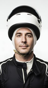 Portrait of a focused male race car driver in helmet and suit.