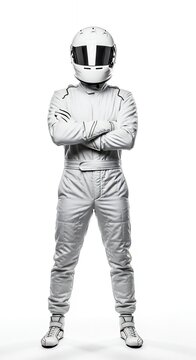 Professional Race Car Driver in Full Gear Standing Confidently.