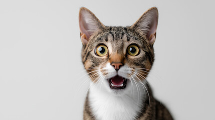 Obraz premium Surprised tabby cat with open mouth and expressive eyes isolated on neutral background