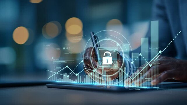 Black professional in futuristic office working on tablet with glowing lock symbol and upward chart, illustrating risk management, secure systems and data-driven business performance.