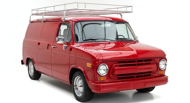 Red delivery van with roof rack isolated on white background